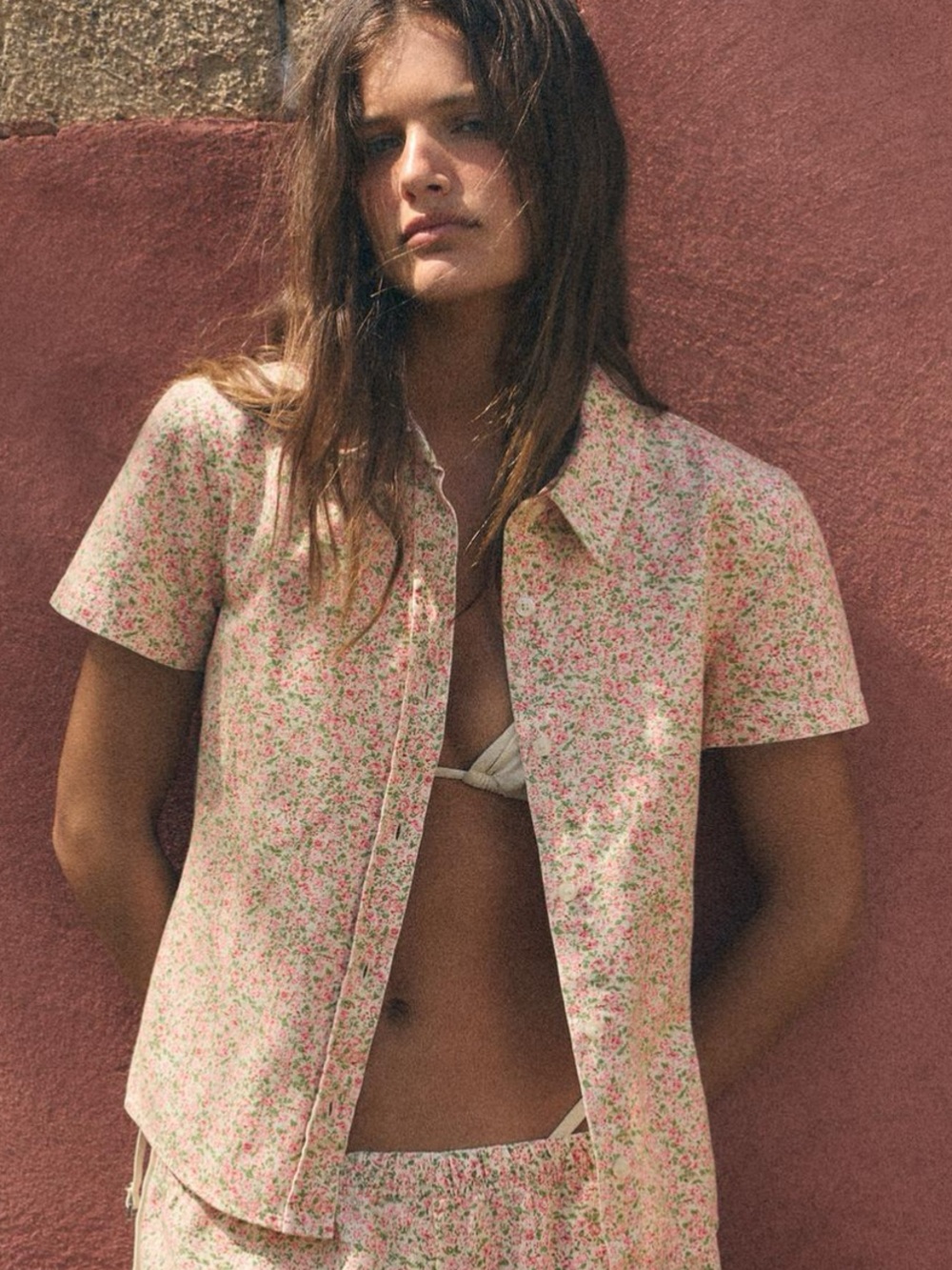 Zara Pink Floral Short Sleeve Button-Down Shirt +